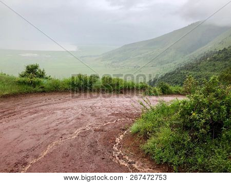 Wet curvy Seneto Descent road, descending into the foggy rainy Ngorongoro crater Conservation Area Authority in Tanzania, East Africa