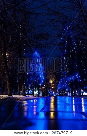 Walk With Street Lamps At Night Cityscape