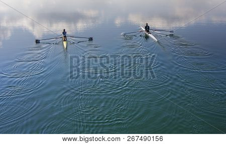 Two Scull Rowing Competitor, Rowing Race Two Rower