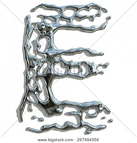 Letter E from liquid metal droplets isolated on white background. 3d rendering.