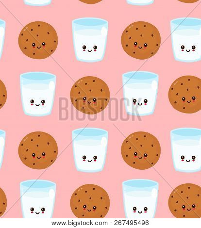 Cute Happy Smiling Chocolate Chip Cookie And Glass Of Milk Pattern. Vector Flat Cartoon Iluustration