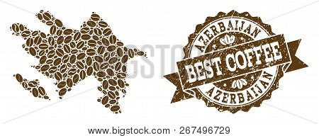 Compositions Of Coffee Map Of Azerbaijan And Grunge Stamp Seal. Mosaic Vector Map Of Azerbaijan Is C