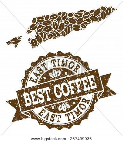 Compositions Of Coffee Map Of East Timor And Grunge Stamp Seal. Mosaic Vector Map Of East Timor Is F