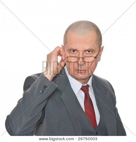 Surpised podnikatel s brýlemi izolovaných na bílém.