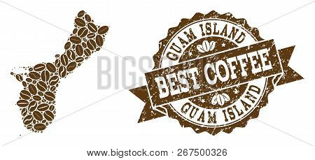 Compositions Of Coffee Map Of Guam Island And Grunge Stamp Seal. Mosaic Vector Map Of Guam Island Is