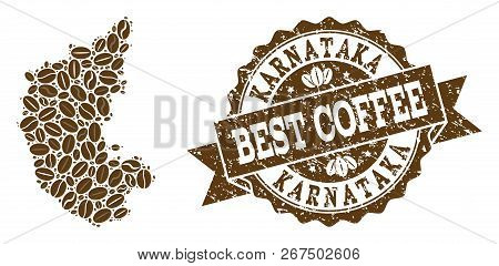 Compositions Of Coffee Map Of Karnataka State And Grunge Stamp Seal. Mosaic Vector Map Of Karnataka 