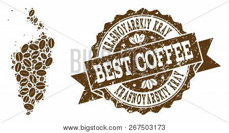 Compositions Of Coffee Map Of Krasnoyarskiy Kray And Grunge Stamp Seal. Mosaic Vector Map Of Krasnoy