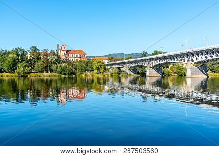 Panoramic Cityscape Of Litomerice Reflected In Labe River, Czech Republic