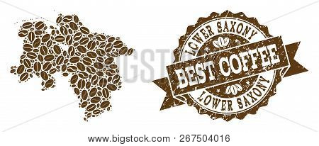 Compositions Of Coffee Map Of Lower Saxony State And Grunge Stamp Seal. Mosaic Vector Map Of Lower S