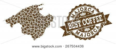 Compositions Of Coffee Map Of Majorca And Grunge Stamp Seal. Mosaic Vector Map Of Majorca Is Compose