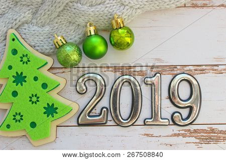 Date Is 2019, Three-dimensional Figures.  New Year Background. Christmas Decorations. Christmas Back