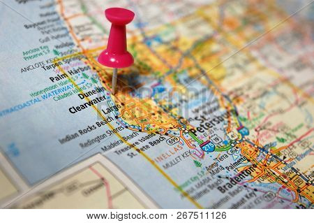 A Map Of Clearwater, Florida Marked With A Push Pin.
