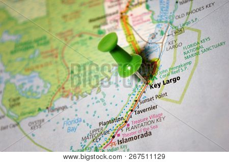 A Map Of Key Largo, Florida Marked With A Push Pin.