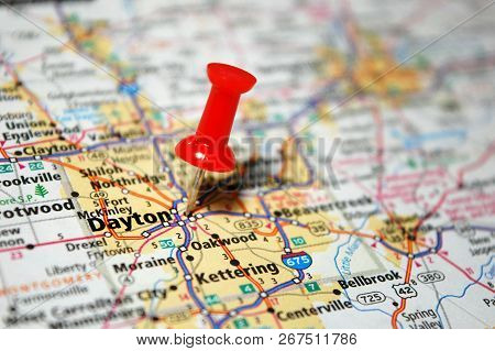 A Map Of Dayton, Ohio Marked With A Push Pin.