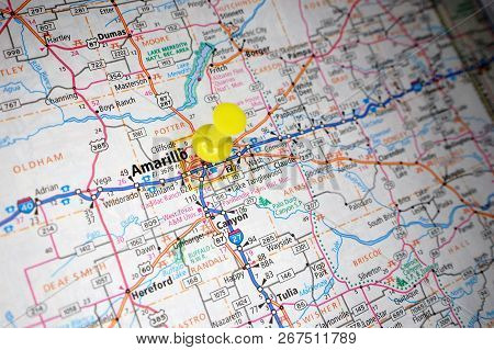 A Map Of Amarillo, Texas Marked With A Push Pin.