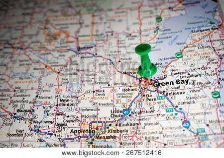 A Map Of Green Bay, Wisconsin Marked With A Push Pin.