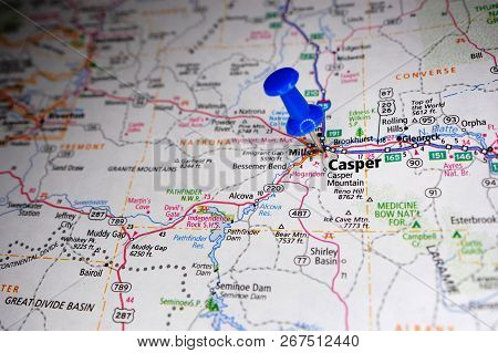 A Map Of Casper, Wyoming Marked With A Push Pin.