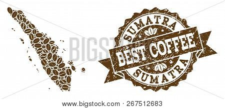Compositions Of Coffee Map Of Sumatra Island And Grunge Stamp Seal. Mosaic Vector Map Of Sumatra Isl