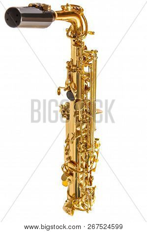 Side View Of Alto Saxo Isolated Over Pure White Background. Vertical Image