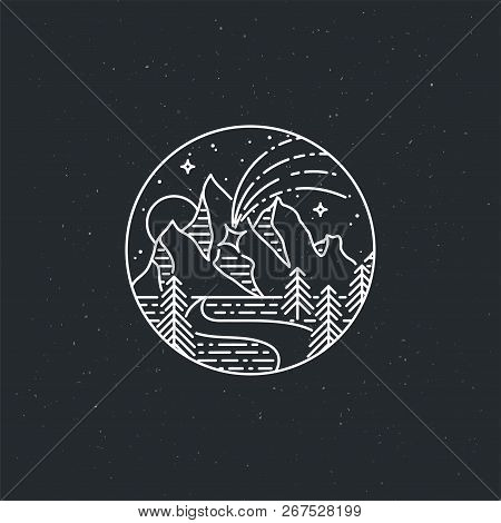 Night Mountains With Starfall. Nature Exploration Vector Vintage Poster. Modern Flat Linear Vector I