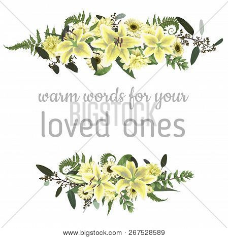 Decorative Frame With Green Forest Leaf, Fern, Branches Boxwood, Buxus, Eucalyptus. Flowers Of Yello
