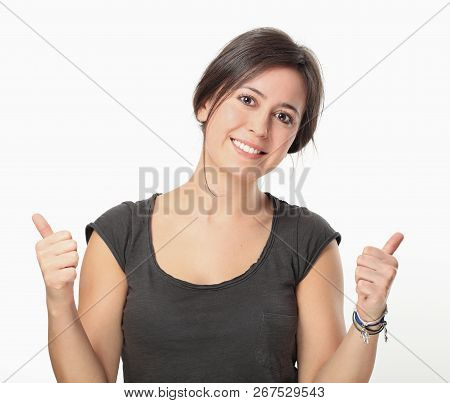Brunette Woman Thumbs Up Isolated On White Background