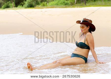 Woman Shape Sexy With Bikini Relax Wave On Beach At Bang Beot Beach, Chumphon Province Thailand