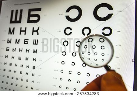 Negative Concave Ophthalmic Lens On A Blurred Background Of Etdrs And C-ring Type Eye Test