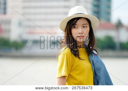 Young Asian Woman Portrait Smiling With Happiness At City Outdoors Background, Casual Lifesyle, Trav