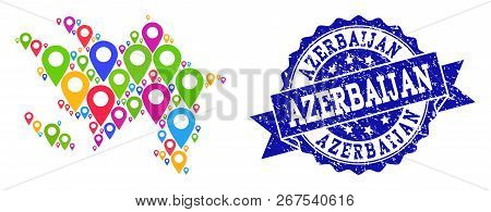 Compositions Of Colorful Map Of Azerbaijan And Grunge Stamp Seal. Mosaic Vector Map Of Azerbaijan Is