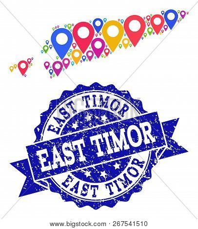 Compositions Of Colorful Map Of East Timor And Grunge Stamp Seal. Mosaic Vector Map Of East Timor Is