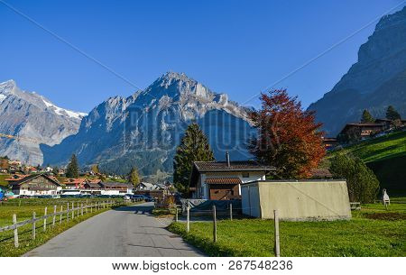 Grindelwald, Switzerland - Oct 5, 2018. Mountain Town In Grindelwald, Switzerland. Grindelwald Was O