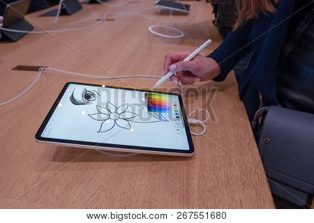 Barcelona, Spain - November 07, 2018: Woman Holding A New Ipad Pro