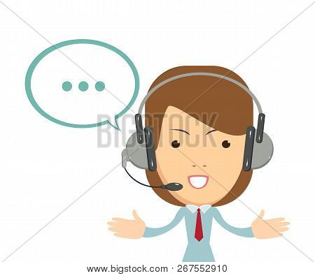Smiling Female Operator With Headset Working At Call Center. Customer Service Concept. Stock Flat Ve