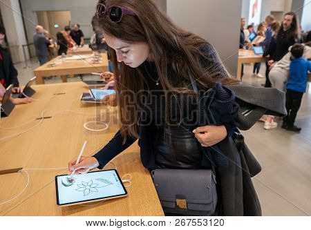 Barcelona, Spain - November 07, 2018: Woman Holding A New Ipad Pro