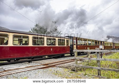 Ffestiniog, Wales - May 03 2018: Ffestiniog Steam Railway Passing By In Snowdonia National Park, Wal
