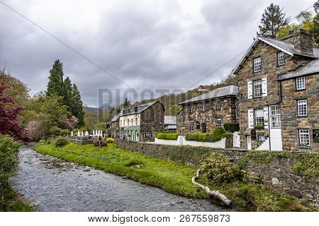 Beddgelert , Wales - May 03 2018 : Many Houses In Beddgelert Are Historic Traditional Stone Cottages