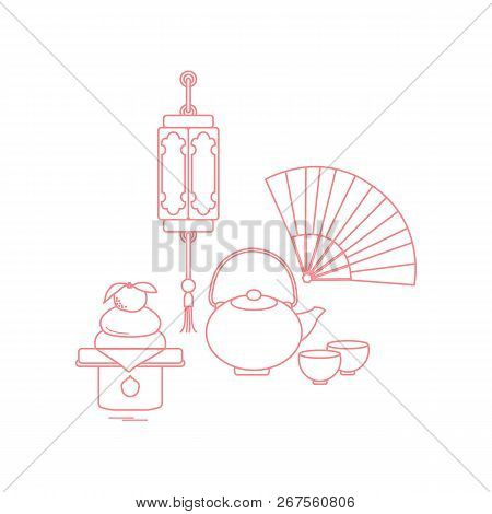 Eastern New Year Symbols. Chinese Lantern, Kettle With Two Cups, Fan, Kagami Mochi. Festive Traditio