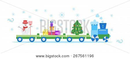 Funny Vector Illustration With Christmas Train Carries Christmas Tree, Snowman With Broom, Gifts. Ha