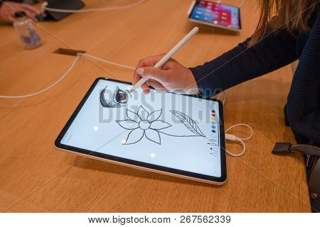 Barcelona, Spain - November 07, 2018: Woman Holding A New Ipad Pro