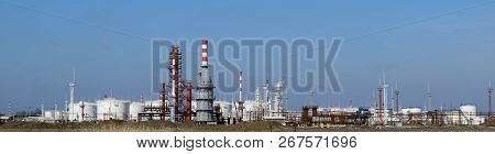 Distillation Columns, Pipes And Other Equipment Furnaces Refinery. The Oil Refinery. Equipment For P