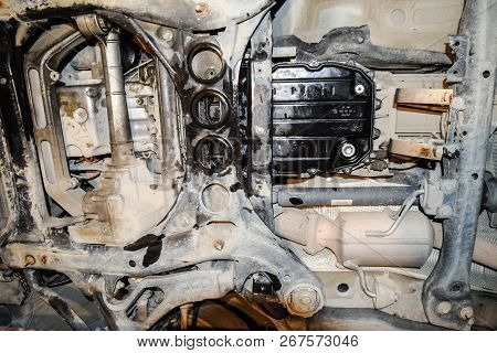 View Of The Car From Below. Autoservice Center. Car Maintenance