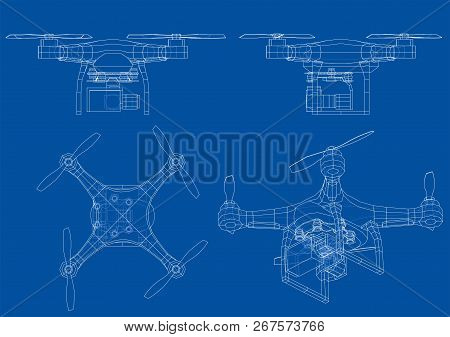 Drone Concept. Vector Rendering Of 3d. Wire-frame Style. The Layers Of Visible And Invisible Lines A