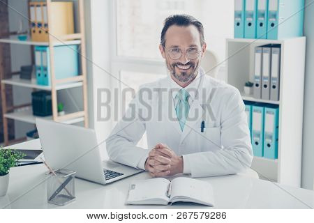 Positive Optimist Kind Un-shaven Brunet Hair Man In Spectacles Sit On Chair Armchair Bright Medico I