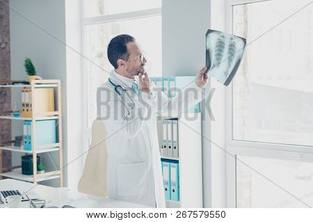Profile Side View Thoughtful Smart Un-shaven Brunet Hair Assistant Intern Practitioner Therapist Man