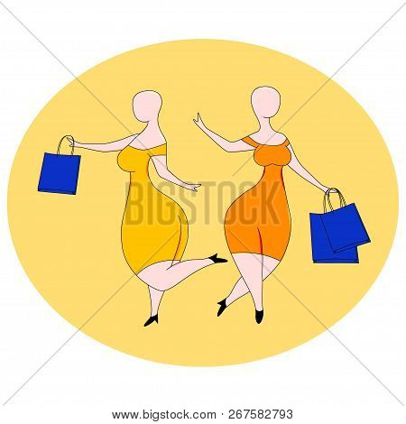 Two Women In Dansing Poses With Shopping Bags