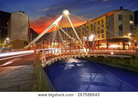 Andorra la Vella Paris bridge sunset over Valira river in Pyrenees