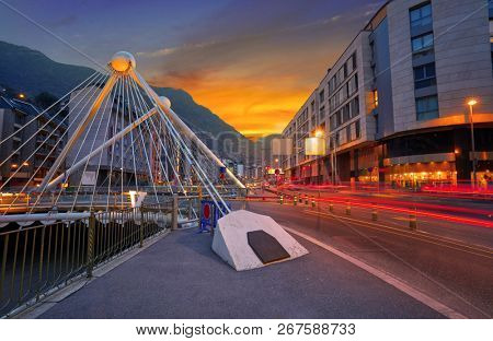 Andorra la Vella Paris bridge sunset over Valira river in Pyrenees