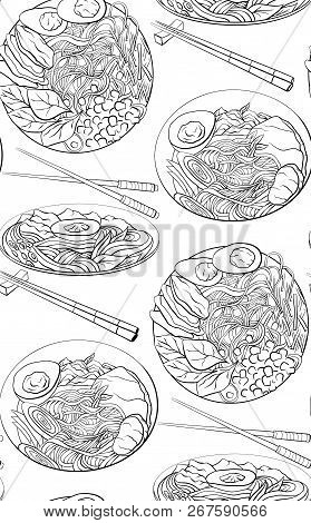 Seamless Pattern With Contour Black And White Cartoon Illustration Of  Ramen In Different Angles. No