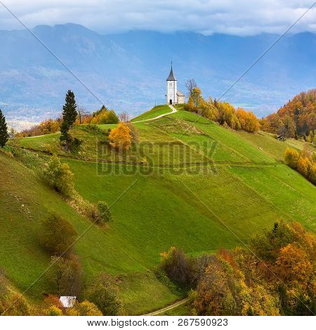 Autumn Panorama With Saints Primus And Felician Church On Top Of Hill In Slovenian Countryside